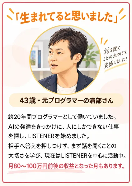 LISTENERの広告の受講生の声。43歳・元プログラマーの浦部さんが、現在はLISTENERを中心に活動中で、月80〜100万円前後の収益となった月もあります、と書かれている