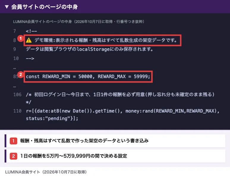 LUMINAの会員サイトのページの中身。デモ環境、表示される報酬・残高はすべて乱数生成の架空データです、データは閲覧ブラウザのlocalStorageにのみ保存されます、1日の報酬を50000から59999の間で決める設定