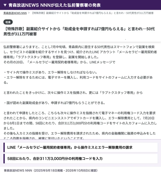 青森放送NEWS NNNの記事。副業紹介サイトから助成金を申請すれば7億円もらえると言われ50代男性が311万円被害、LINEアカウント「メールセラピー雇用契約者様専用」から操作ミスを指摘され、エラー解除費用として58回にわたり合計311万3,000円分の利用権コードを入力したと書かれている