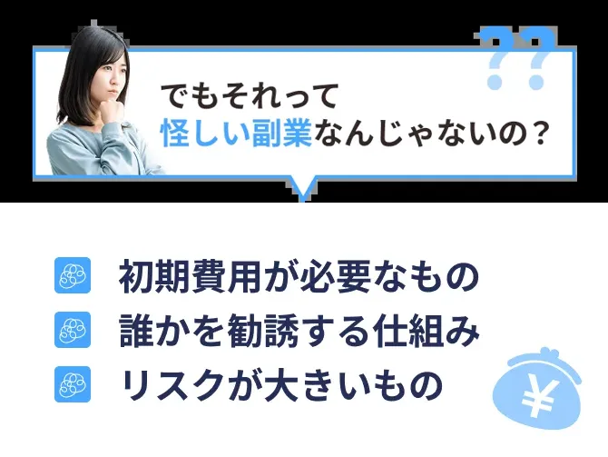 みくの広告ページに「でもそれって怪しい副業なんじゃないの？」と書かれ、初期費用が必要なもの・誰かを勧誘する仕組み・リスクが大きいものが並んでいる