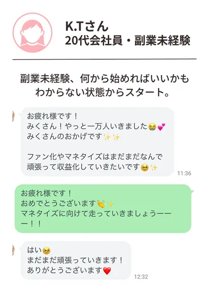 みくの広告ページに載っている受講生の声。20代会社員・副業未経験のK.Tさんが、やっと一万人いきました、マネタイズはまだまだと送っている