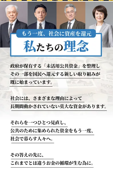 未来還流プロジェクトの広告の私たちの理念。政府が保有する未活用公共資金を整理し、その一部を国民へ還元する新しい取り組みが既に始まっています、と書かれている