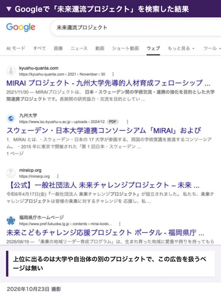 Googleで未来還流プロジェクトを検索した結果。九州大学のMIRAIプロジェクトや福岡県の未来こどもチャレンジ応援プロジェクトが並んでいる
