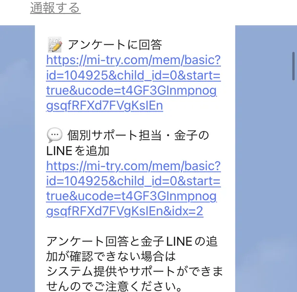 MIT VIP CLUBのLINEのメッセージ。アンケートに回答、個別サポート担当・金子のLINEを追加、アンケート回答と金子LINEの追加が確認できない場合はシステム提供やサポートができませんのでご注意くださいと書かれている