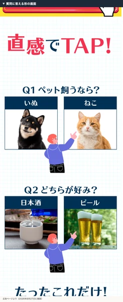 広告に置かれている質問の画面。ペットを飼うなら犬と猫のどちら、飲むなら日本酒とビールのどちら、と選ばせる作りになっている