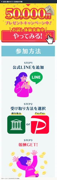 広告に書かれている参加の手順。公式LINEを追加し、受け取り方法を選び、報酬を受け取ると書かれている
