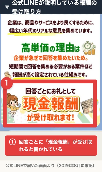 公式LINEの画面。企業は幅広い年代のリアルな意見を集めていますという説明と、回答ごとにお礼として現金報酬が受け取れますという表示がある