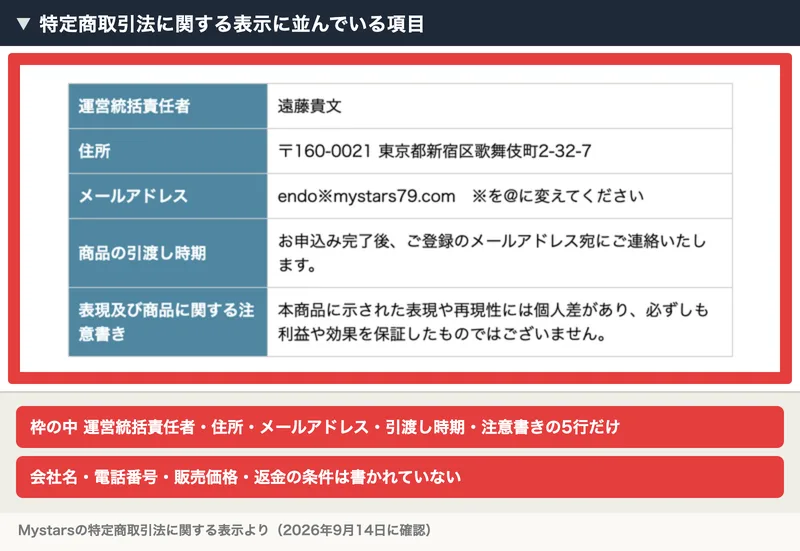Mystarsの特定商取引法に関する表示。運営統括責任者は遠藤貴文、住所は東京都新宿区歌舞伎町2-32-7、メールアドレスはendo※mystars79.comと書かれている