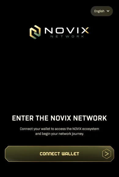紹介のリンクから開くNOVIXのアプリは、黒い画面にロゴと、ウォレットをつなぐボタンが1つだけ
