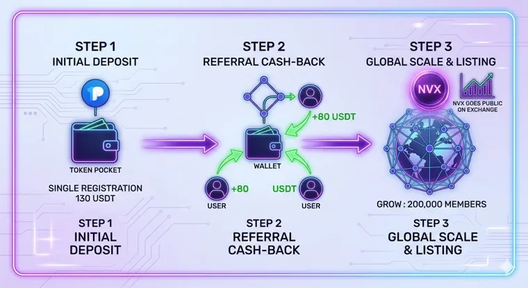 英語版の告知の図。2つ目の段階の名前がREFERRAL CASH-BACKで、3つ目の段階に会員20万人とNVXの上場が描いてある