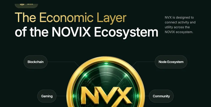 NOVIXの公式サイトのNVXの節には、金色のNVXのコインの絵と、ブロックチェーンやゲームなどの言葉が並ぶ