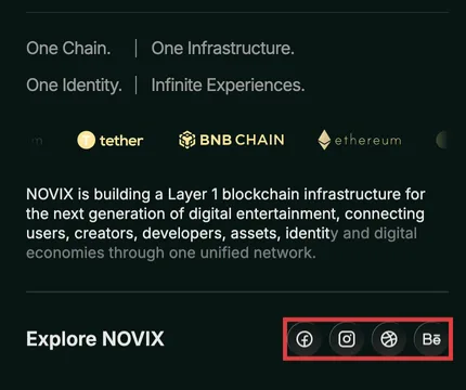 スマホで見たNOVIXの公式サイト。FacebookとInstagram、デザイナー向けのDribbbleとBehanceのマーク4つに赤い枠を付けた