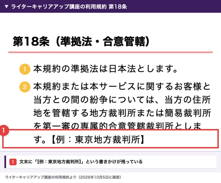 ライターキャリアアップ講座の利用規約第18条で、合意管轄裁判所の文の最後に【例:東京地方裁判所】と残っている