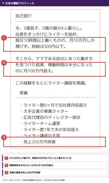 のぞみの広告の講師プロフィール。毎日10時間以上働いても月10万円しか稼げず時給は500円以下、稼働時間は半分になったのに月100万円超え、実績の最後は売上250万円突破と書かれている