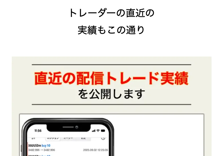 実績を公開すると赤い文字で見出しが置かれ、その下にスマートフォンの取引画面が続く広告の一部