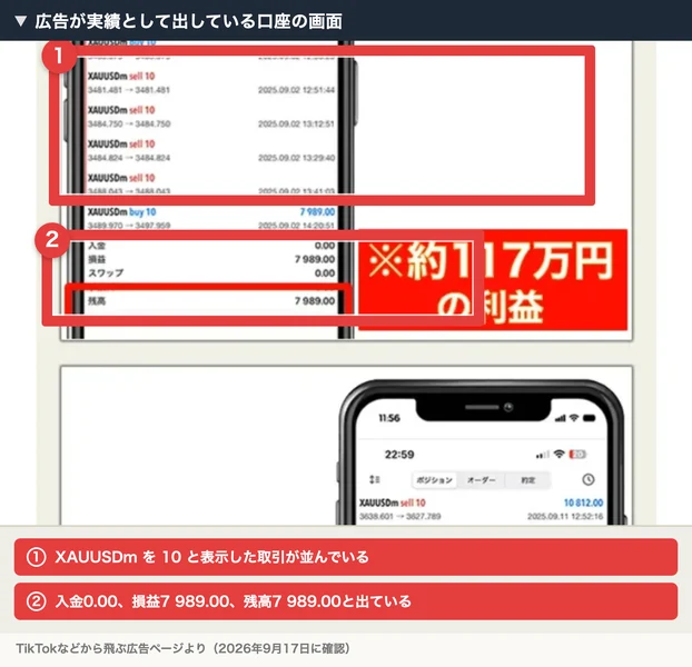 入金0.00、損益7 989.00、スワップ0.00、残高7 989.00と表示された口座画面に、※約117万円の利益という吹き出しが付いている。赤枠と注釈が焼き込まれている