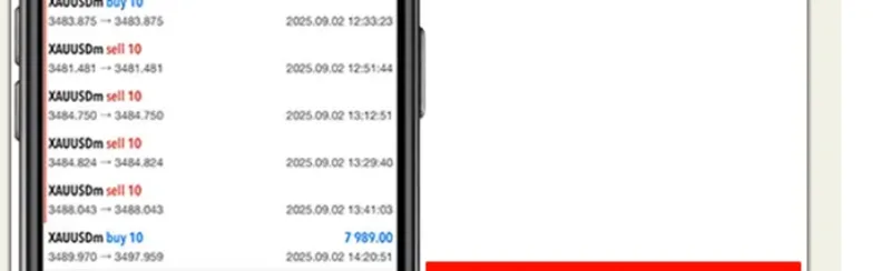 XAUUSDm sell 10 や buy 10 と並ぶ取引の一覧。日付はすべて2025.09.02と表示されている
