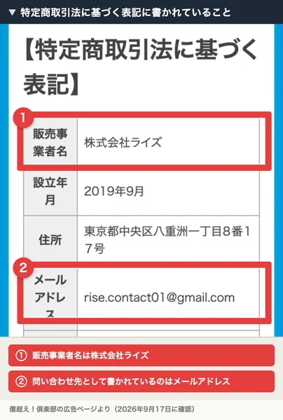 広告の一番下にある表記。事業者の名前と設立の年月、中央区八重洲の住所、Gmailのアドレスが縦に並んでいる。赤枠と注釈が焼き込まれている