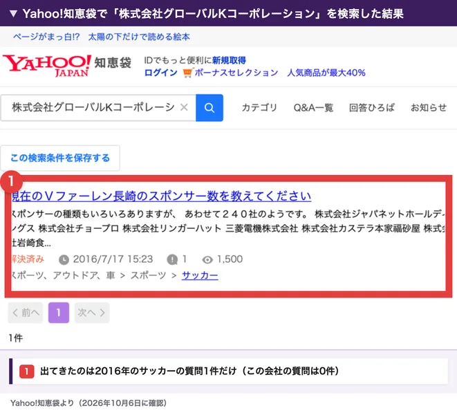 Yahoo!知恵袋で株式会社グローバルKコーポレーションを検索した結果。出てきたのは2016年の長崎のサッカークラブのスポンサー数についての質問1件だけ