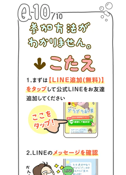 おうちでダラダラ副業の質問集。参加方法がわかりませんという質問に対して、LINE追加、LINEのメッセージを確認、すぐに届くお仕事の案内から進むという3つの手順が並んでいる