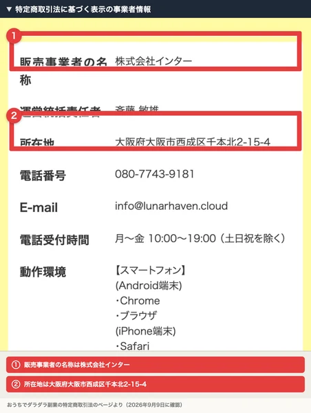 おうちでダラダラ副業の特定商取引法のページ。販売事業者の名称は株式会社インター、運営統括責任者は斉藤敏雄、所在地は大阪府大阪市西成区千本北2-15-4と記載され、事業者名と所在地に赤枠が付いている