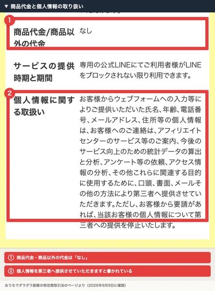 おうちでダラダラ副業の特定商取引法のページの下半分。商品代金と商品以外の代金はなしと書かれ、個人情報を口頭、書面、メールその他の方法により第三者へ提供させていただきますと記載されている