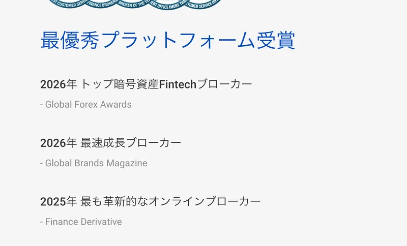 ピークファンドリアの受賞歴。最優秀プラットフォーム受賞という見出しの下に、2026年トップ暗号資産Fintechブローカー Global Forex Awards、2026年最速成長ブローカー Global Brands Magazine、2025年最も革新的なオンラインブローカー Finance Derivativeの3つが並んでいる