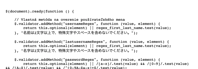 ピークファンドリアの入力チェックを動かしているファイルの冒頭。日本語のエラー文の上に、ローマ字のコメント行が残っている