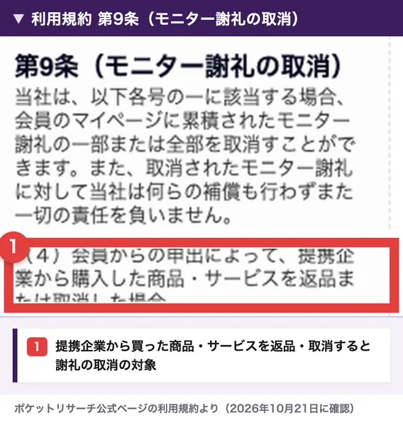 利用規約第9条のモニター謝礼の取消に、会員からの申出によって提携企業から購入した商品・サービスを返品または取消した場合と書かれている
