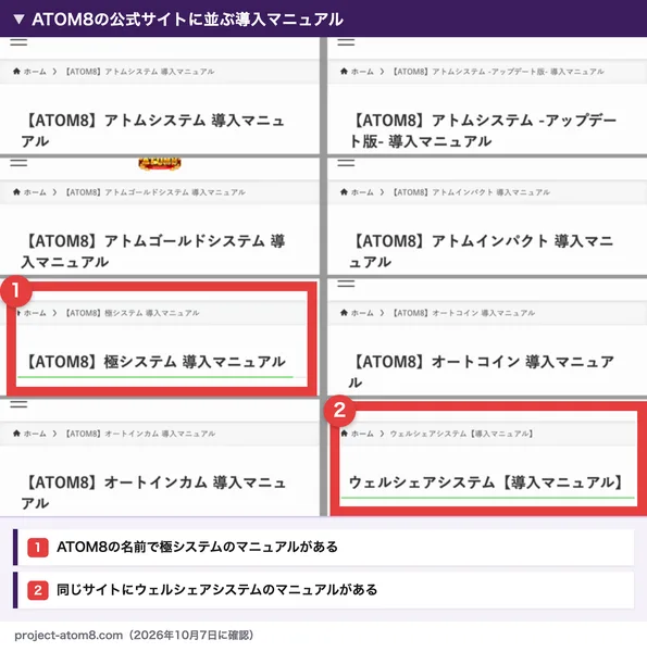 ATOM8の公式サイトの導入マニュアルの一覧。アトムシステム、アトムシステムアップデート版、アトムゴールドシステム、アトムインパクト、極システム、オートコイン、オートインカム、ウェルシェアシステムの8本