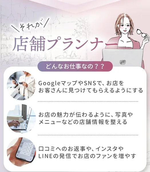 リアラスの広告の「それが店舗プランナー」。どんなお仕事なのという見出しの下に3つが並んでいる。GoogleマップやSNSでお店を見つけてもらえるようにする。写真とメニューなどの店舗情報を整える。口コミへの返事とインスタ・LINEの発信でお店のファンを増やす
