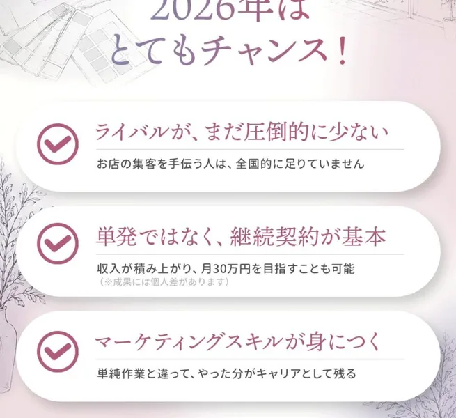 リアラスの広告の「2026年はとてもチャンス」。ライバルがまだ圧倒的に少ない、単発ではなく継続契約が基本で収入が積み上がり月30万円を目指すことも可能、マーケティングスキルが身につく、の3つが並び、月30万円の下に小さく成果には個人差がありますと書かれている