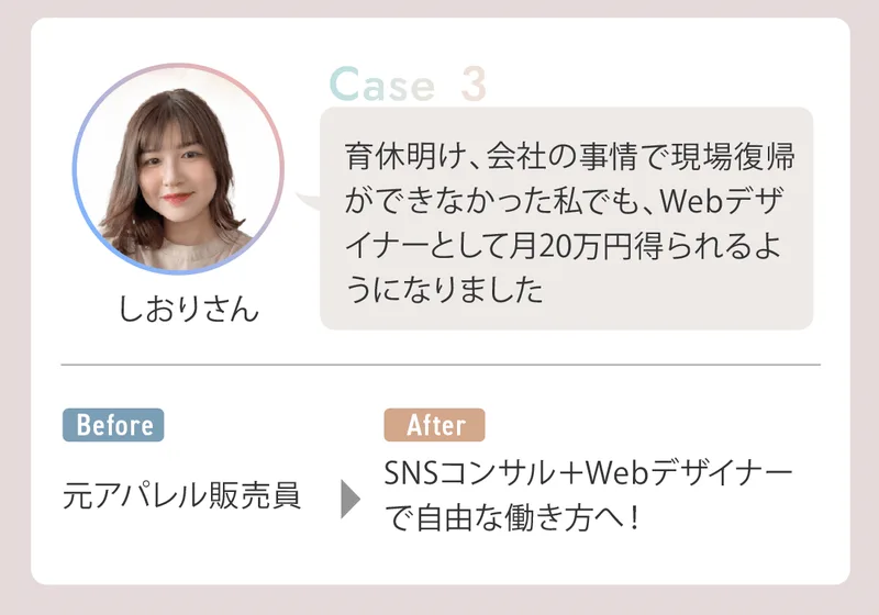 リモラボの広告の受講生の声のCase3。しおりさんが育休明けで現場復帰ができなかった私でもWebデザイナーとして月20万円得られるようになりましたと話し、Beforeは元アパレル販売員でAfterはSNSコンサル+Webデザイナーで自由な働き方へと書かれている