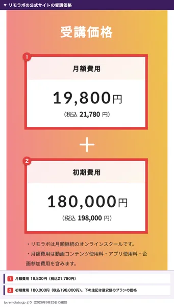 リモラボの公式サイトの受講価格。月額費用19,800円(税込21,780円)と初期費用180,000円(税込198,000円)が並び、リモラボは月額継続のオンラインスクールです、と書かれている