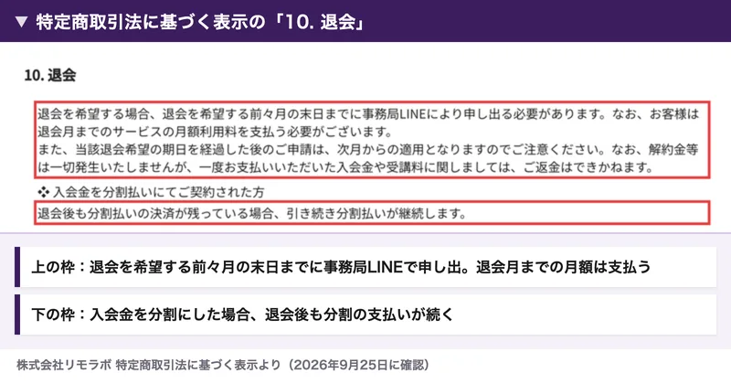 株式会社リモラボの特定商取引法に基づく表示の10.退会。退会を希望する前々月の末日までに事務局LINEにより申し出る必要があり、退会月までの月額利用料を支払う必要がある、入会金を分割払いにした場合は退会後も分割払いが継続する、と書かれている
