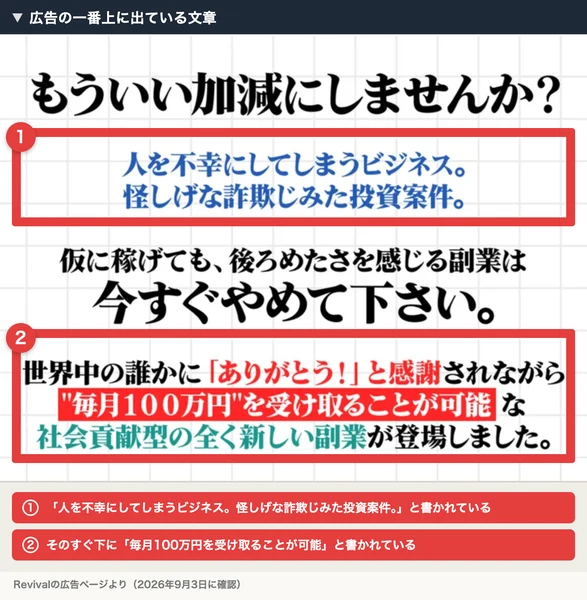 Revivalの広告の最上部。もういい加減にしませんかという見出しの下に、詐欺じみた怪しい投資や後ろめたさを感じる副業は今すぐやめて下さいと書かれ、そのすぐ下に毎月100万円を受け取ることが可能と続いている