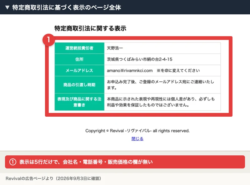Revivalの特定商取引法に関する表示のページ。運営統括責任者は天野浩一、住所は茨城県つくばみらい市絹の台、メールアドレス、商品の引渡し時期、表現及び商品に関する注意書きの5行だけが並んでいる