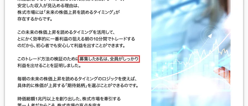 朝の10分間トレードの広告の一部。このトレード方法の検証のために募集した8名は、全員がしっかり利益を出せることを証明しましたと書かれ、全員がしっかりの部分が赤枠で囲まれている