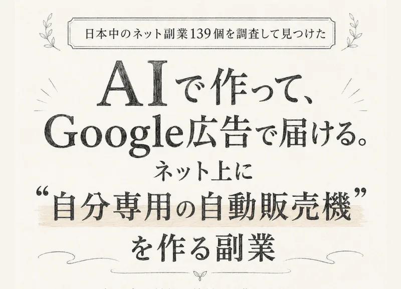 坂本式PPCアフィリエイトの広告のトップ画面。日本中のネット副業139個を調査して見つけた、AIで作って、Google広告で届ける、ネット上に自分専用の自動販売機を作る副業と書かれている