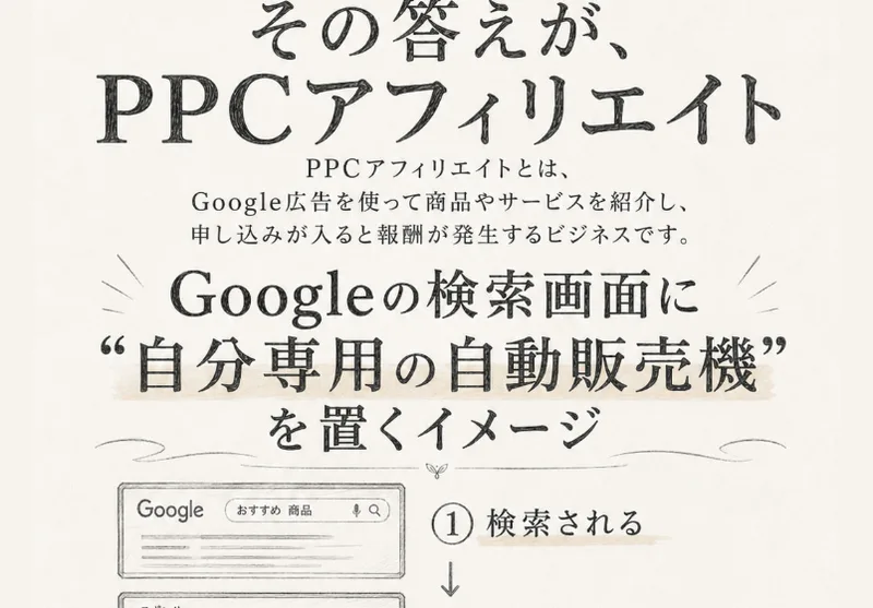 坂本式PPCアフィリエイトの広告。その答えが、PPCアフィリエイト、Googleの検索画面に自分専用の自動販売機を置くイメージと書かれ、検索されるところから申し込みが入るまでの流れが図で並んでいる