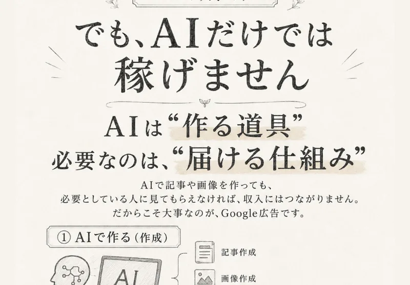 坂本式PPCアフィリエイトの広告。でも、AIだけでは稼げませんという見出しの下に、AIは作る道具で必要なのは届ける仕組みだと書かれている