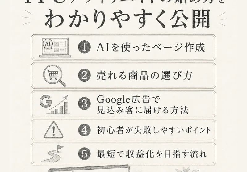 坂本式PPCアフィリエイトの広告。無料動画講座で学べることとして、AIを使ったページ作成、売れる商品の選び方、Google広告で見込み客に届ける方法、初心者が失敗しやすいポイント、最短で収益化を目指す流れの5つが並んでいる