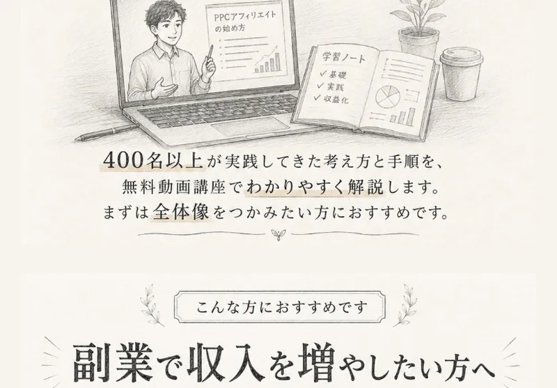坂本式PPCアフィリエイトの広告。400名以上が実践してきた考え方と手順を、無料動画講座でわかりやすく解説します、まずは全体像をつかみたい方におすすめですと書かれている
