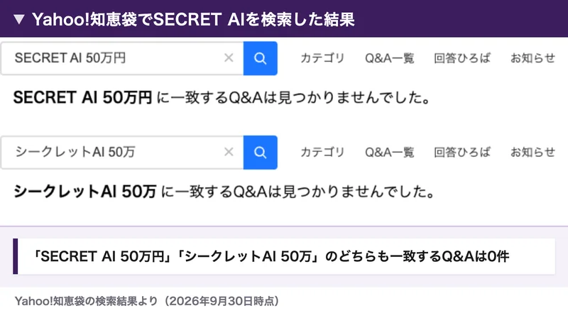 Yahoo!知恵袋でSECRET AI 50万円とシークレットAI 50万を検索した結果。どちらも一致するQ&Aは見つかりませんでしたと表示されている