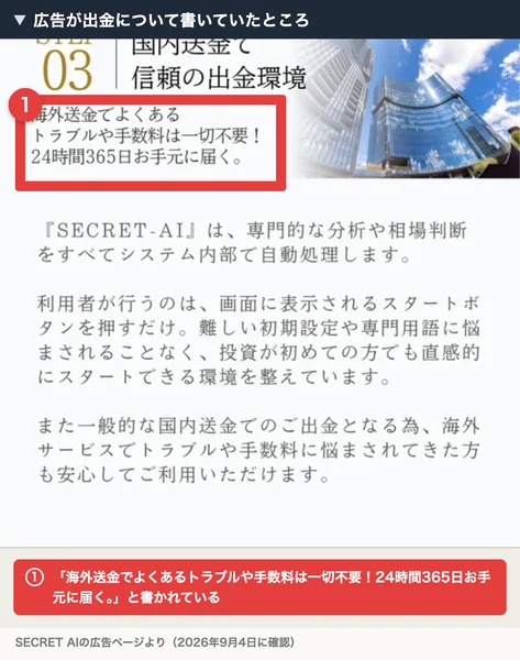 SECRET AIの広告のSTEP03、国内送金で信頼の出金環境という見出しの下に、海外送金でよくあるトラブルや手数料は一切不要、24時間365日お手元に届くと書かれた部分に赤枠が付いている