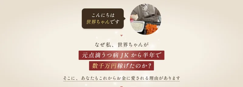 世界ちゃんの自己紹介。こんにちは世界ちゃんです、なぜ私、世界ちゃんが元点滴うつ病JKから半年で数千万円稼げたのか？と書かれている