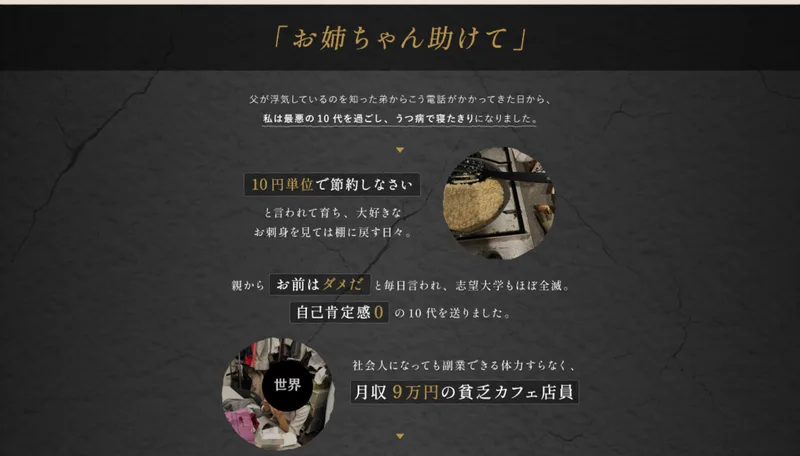 世界ちゃんの生い立ちの説明。お姉ちゃん助けて、父が浮気しているのを知った弟から電話がかかってきた、10円単位で節約しなさいと言われて育ち、月収9万円の貧乏カフェ店員だったと書かれている