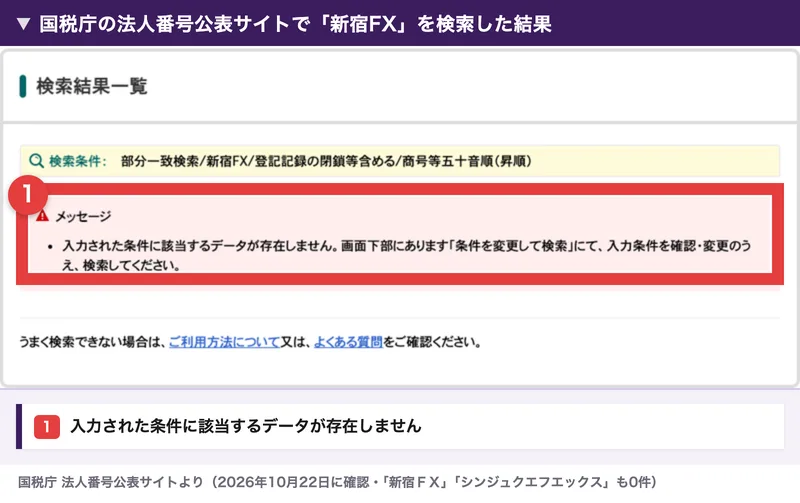 国税庁の法人番号公表サイトで新宿FXを検索すると、該当するデータが存在しませんと表示される