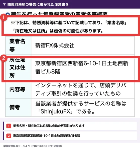 関東財務局の警告に、業者名等と所在地は勧誘資料に基づいて記載しており虚偽の可能性がある、と注意書きがある