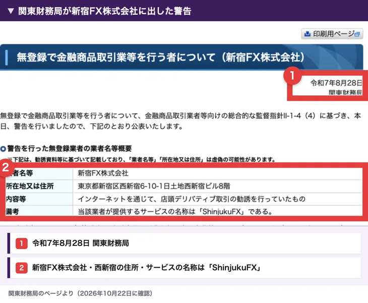 関東財務局が令和7年8月28日に新宿FX株式会社へ出した警告。サービスの名称はShinjukuFXと書かれている
